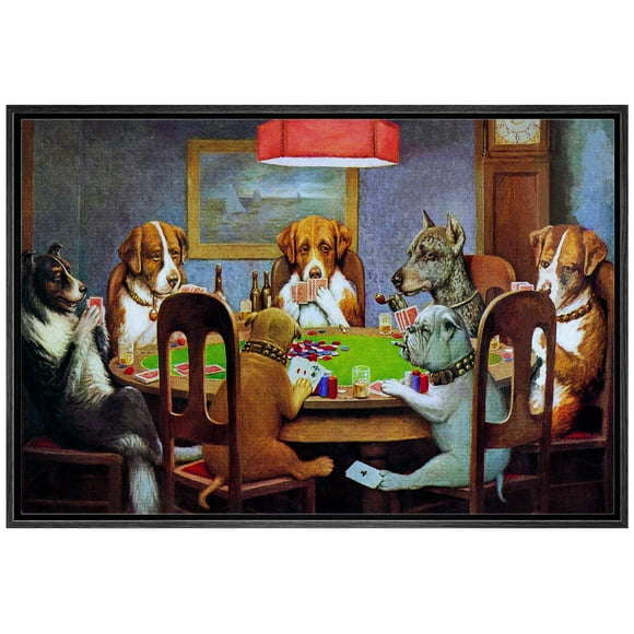 IDEA4WALL Framed Canvas Print Wall Art Dogs Playing Poker Animals Wildlife Illustrations Modern Art Decorative Elements Scenic Relax/Calm Multicolor for Living Room, Bedroom, Office - 16"x24" Black