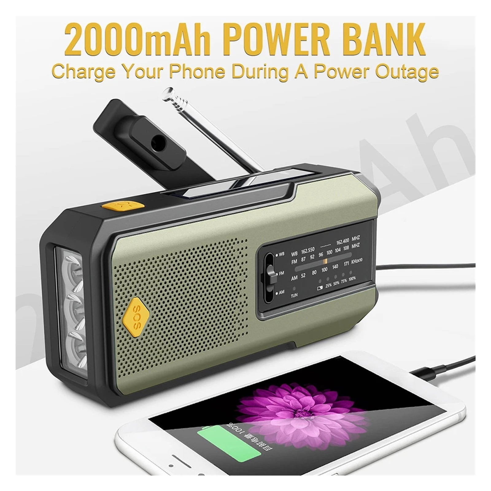 Weather Radio Emergency Multifunctional Radio FM AM WB Hand Crank Solar USB Charging 2000mAh Power Bank Outdoor Flashlight Torch