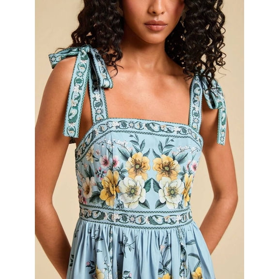 Multicolor Floral Print Ruched Square Neck Tie-Shoulder Mini Dress For Women