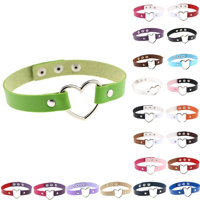 Collier Coloré Style Japonais Accessoire d'Halloween pour Femmes Ras du Cou en Cuir Chaîne Ajustable Cœur Scintillant Noir + Café Clair