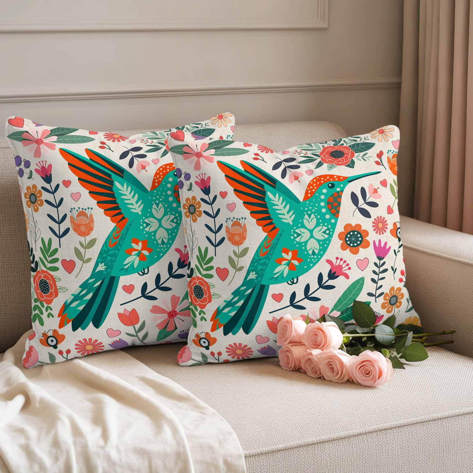 Turquoise Birds Outdoor Waterproof Pillow Covers, Country Cartoon Colorful Flowers Herbs Decorative Square Throw Pillowcase Sofa Cushion Sham for Patio/Couch/Chair, 24"x24" 2 Pack