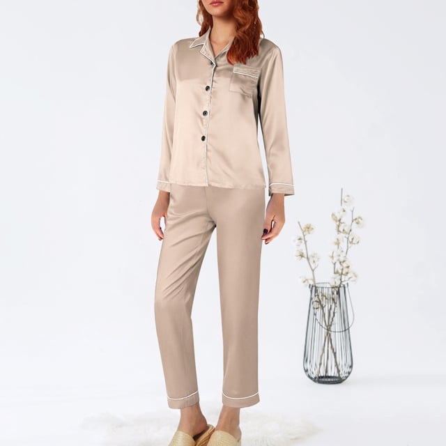 Ensemble de Pyjama en Satin Long pour Femmes Coupe Ample M-5TG