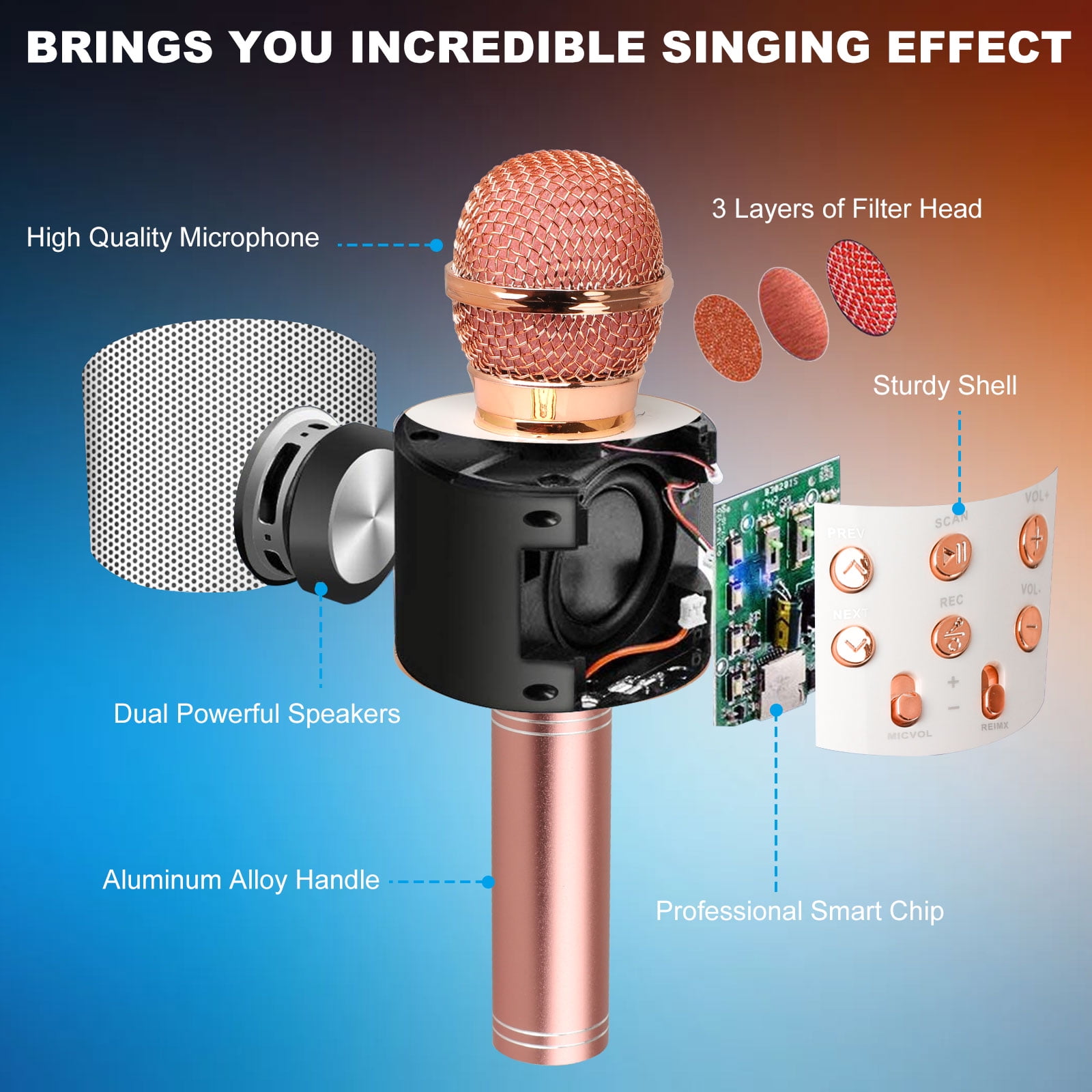 Blue Wireless Bluetooth Karaoke Microphone for Kids Birthday Christmas Gift for Girls Kids Children Adults Portable Karaoke Speaker with Mic for iPhone/iPad/Android 