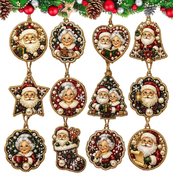 5D Pearl Diamond Art Christmas Ornaments, 12 Piece DIY Hanging Decor Set with Santa and Snowman for Holiday Tree Decoration