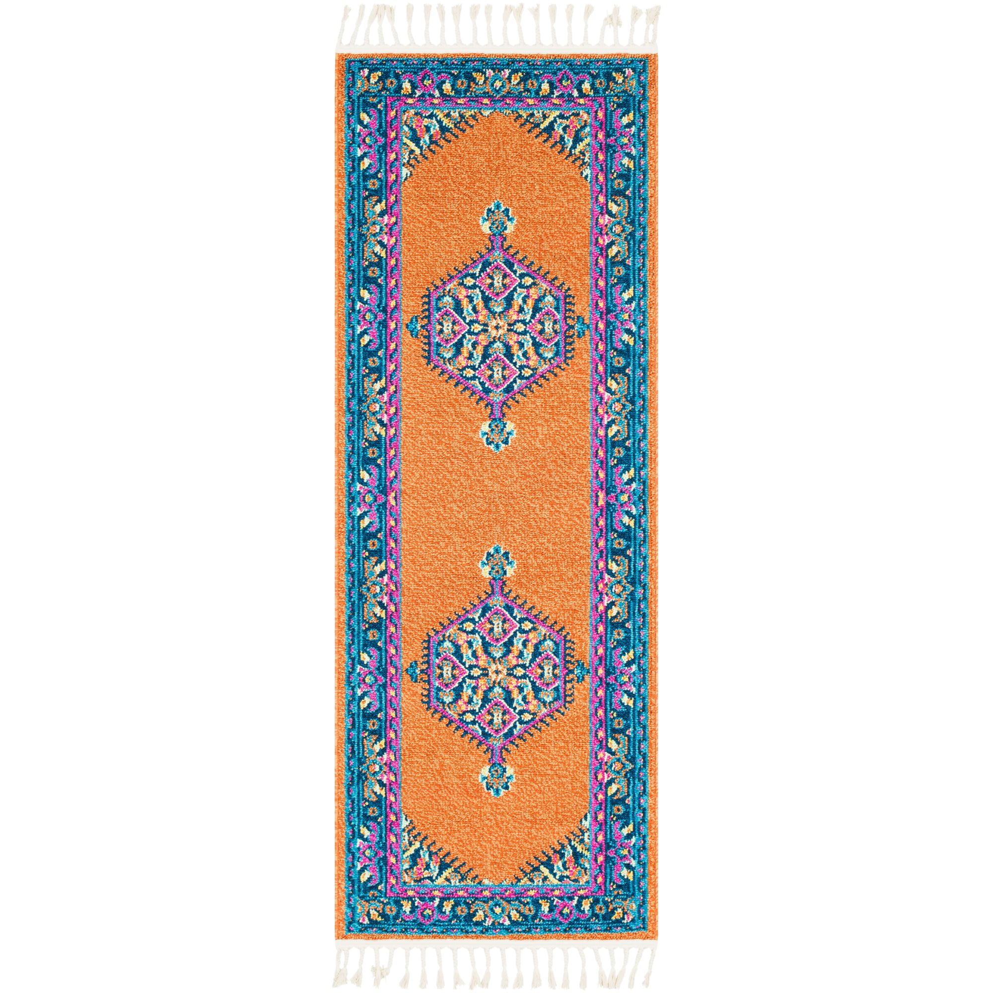 2.5' x 10' Oriental Patterned Burnt Orange and Blue Rectangular Area