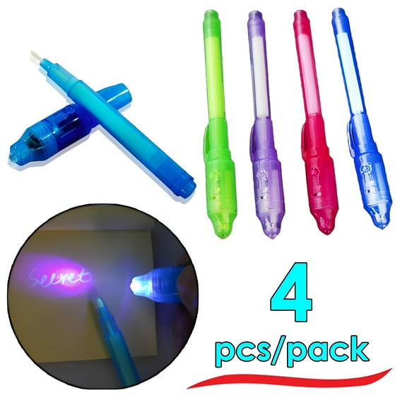 CCOCC 4PCS Invisible Ink Spy Pen Built In UV Light Magic Marker Secret Message Gadget Pen (Random color)