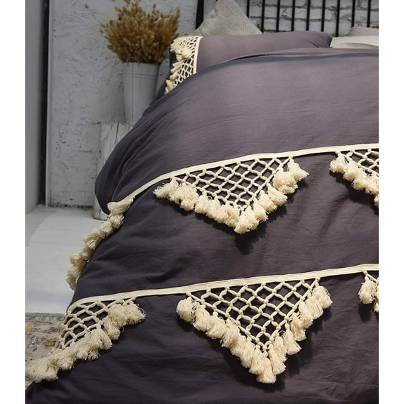 Flber outlet Gray Duvet Cover Quilt Cotton Tasseled Coverlets Boho Bedding,96" Wx 104"L