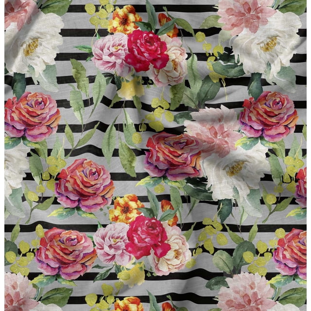 Soimoi Jaune Rayonne Tissu Rayé & Grandiflora Roses Floral Décor Tissu Imprimé Yard 42 Pouces de Large