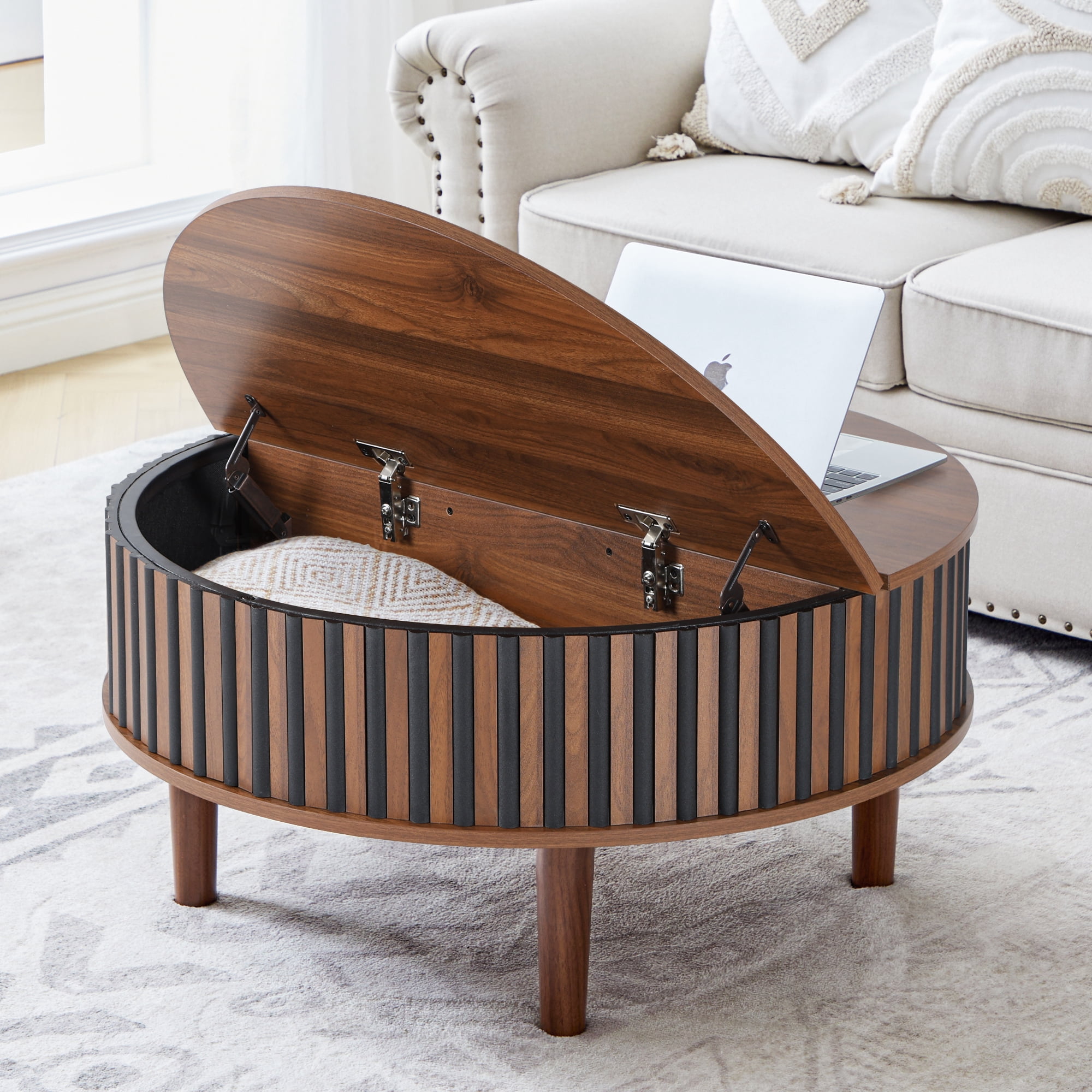 MIYZEAL 31.5" Round Lift Top Coffee Table with Storage, Fluted Mid Century Modern Wooden Center Table with Hidden Compartment, Coffee Table for Living Room, Apartment, Office（Walnut Black）