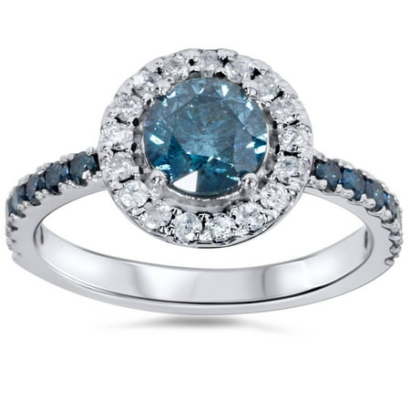 Pompeii 1 5/8ct Blue & White Diamond Halo Engagement Ring 14K White Gold (G/H,I1-I2)