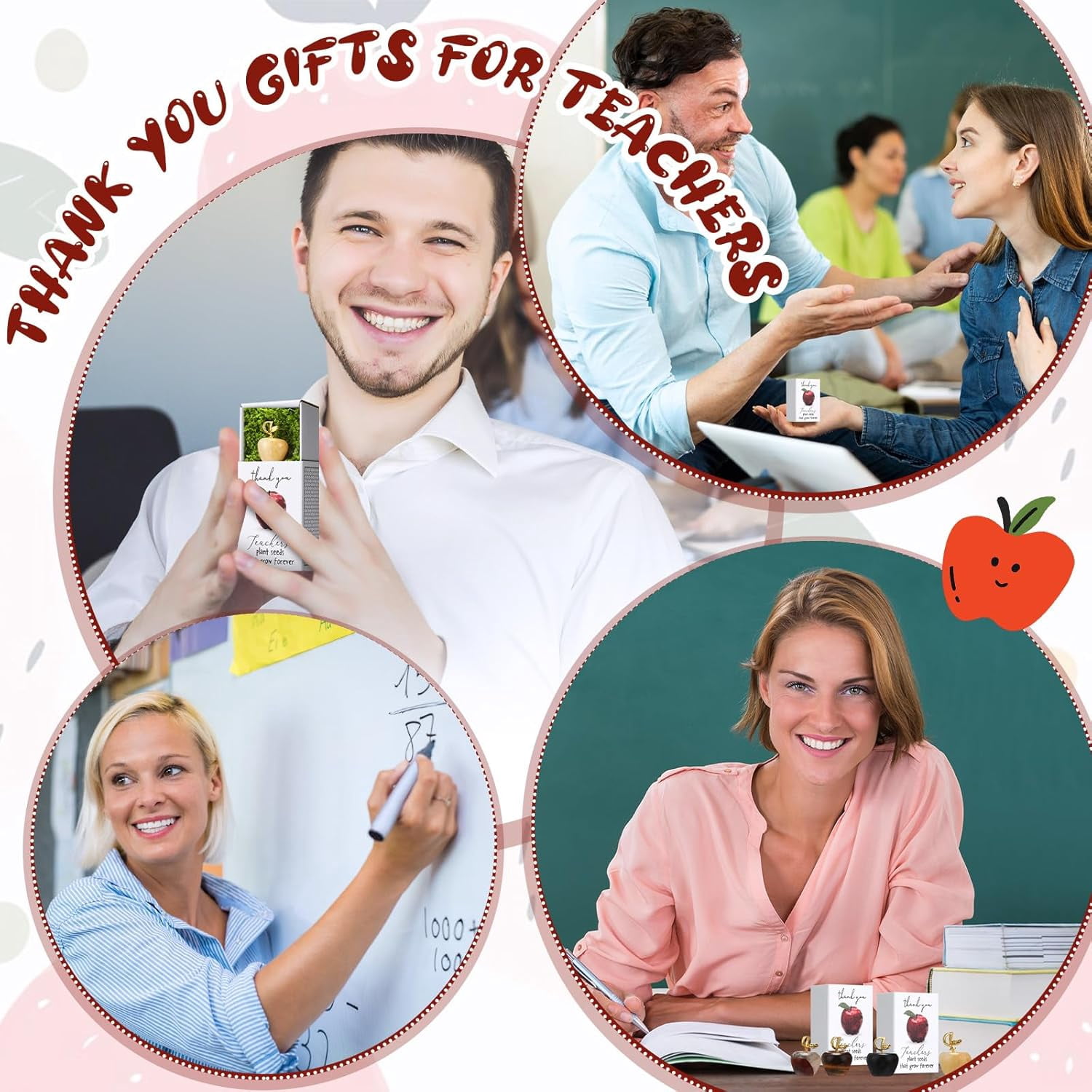 12 Sets Teacher Appreciation Gifts Bulk, Mini Crystal Apple Stone Desk Decor with Matchbox and Green Moss, Thank You Paperweight for Women Men (12 Pcs)