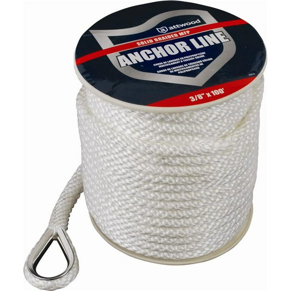 Attwood Ancre de Bateau Marin Rode 11724-1 Tressé Solide; Longueur 100 Pieds x Épaisseur 3/8 Pouce; Blanc; Polypropylène Multi-Filament; avec Couvercle
