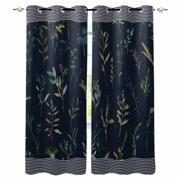 Black Spring Floral Blackout Curtains 54 Inches Long for Bedroom, Watercolor Botanical Flower Striped Thermal Insulated Room Darkening Black Out Window Curtain Panels Grommet Drapes for Living Room