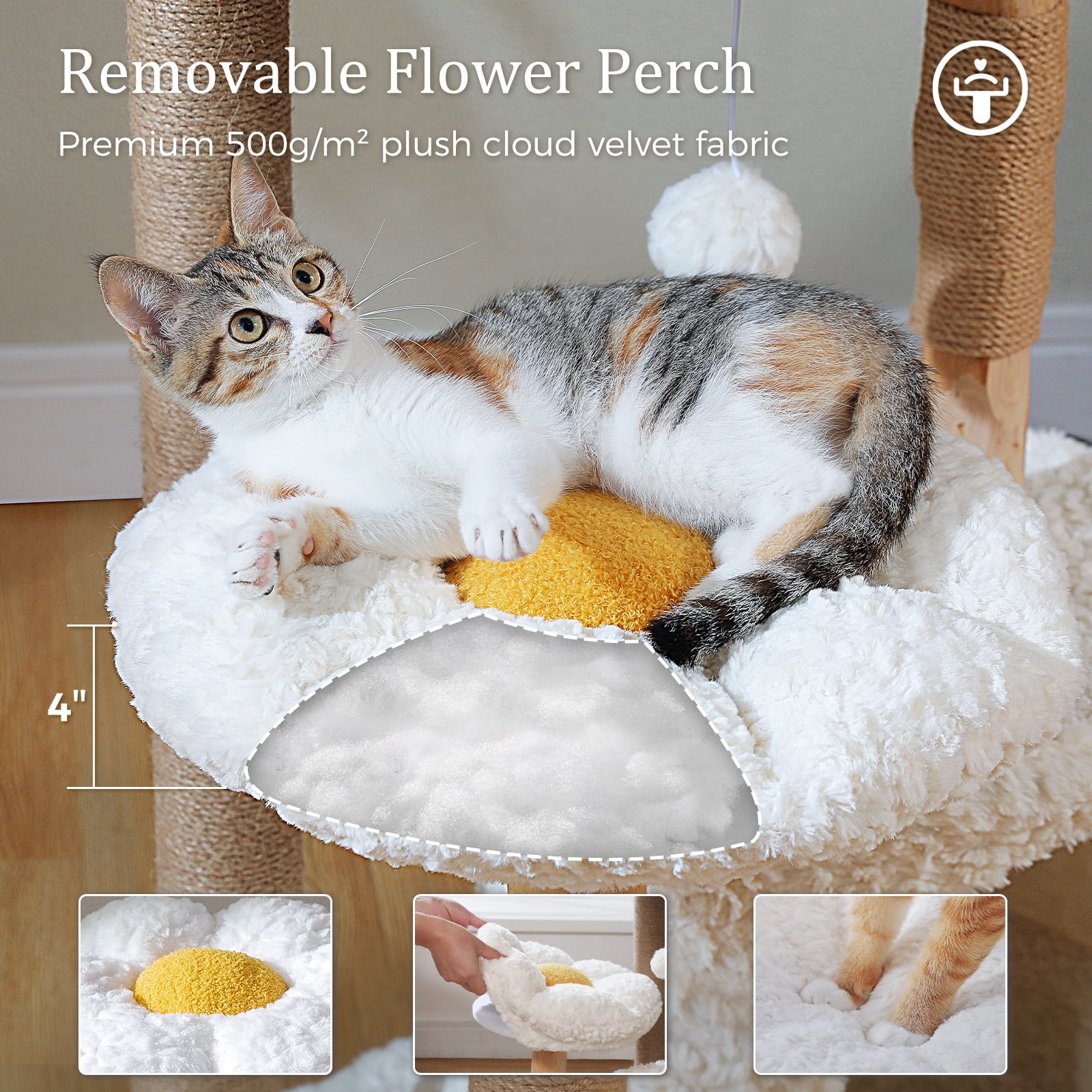 PEQULTI 48.5'' Solid Wood Cat Tree Cat Tower for Indoor Cats with Rattan Hammock&Flower Perch White
