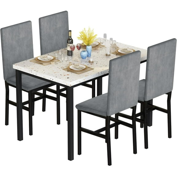LinkRomat Dining Table Set for 4, Faux Marble Tabletop with Upholstered Chairs, Modern Set for Kitchen & Small Spaces, Gray