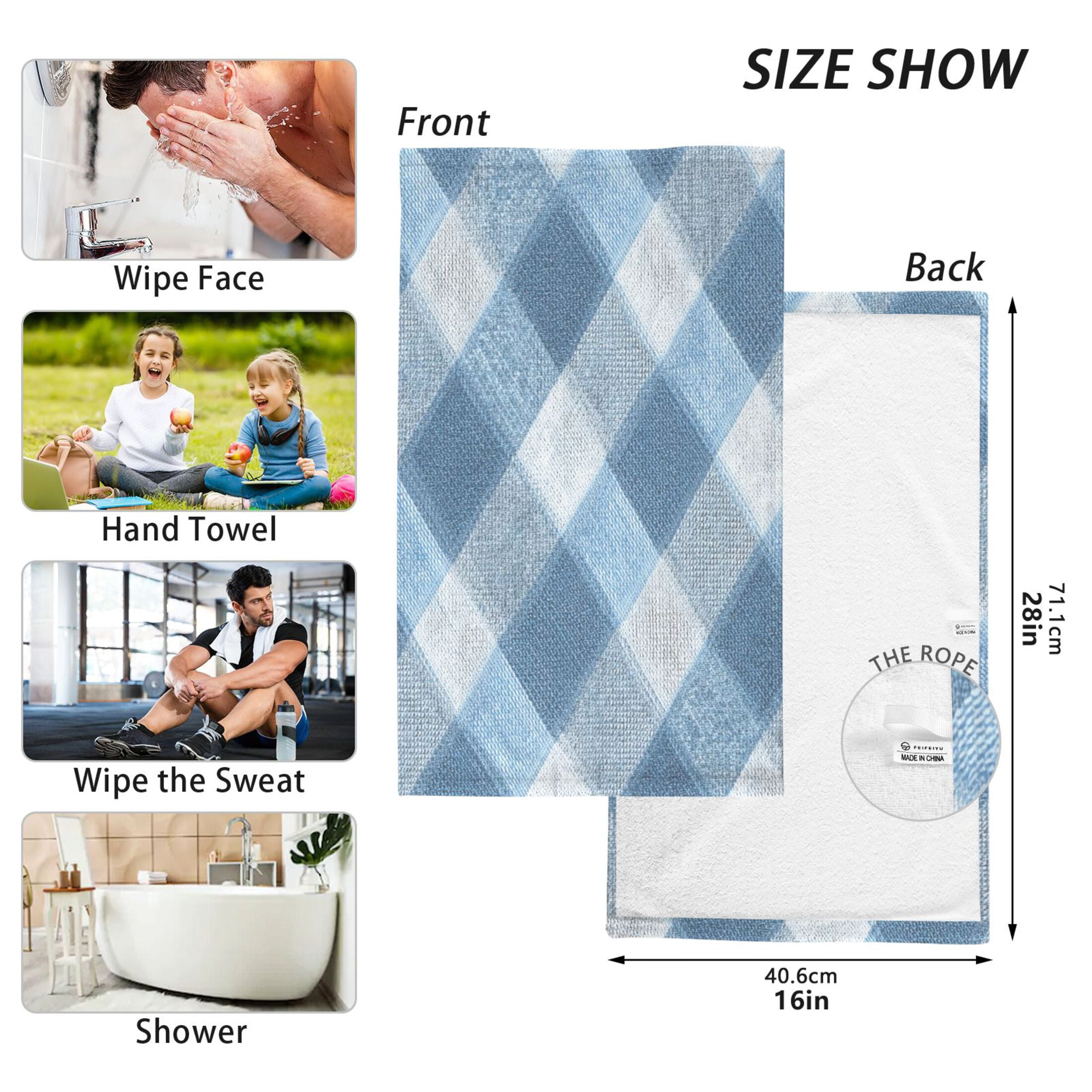 2 Pieces of Cotton Towel Face Towel Set Hand Towel Bath Towel Cotton Bath Towel Sets Light Blue Denim