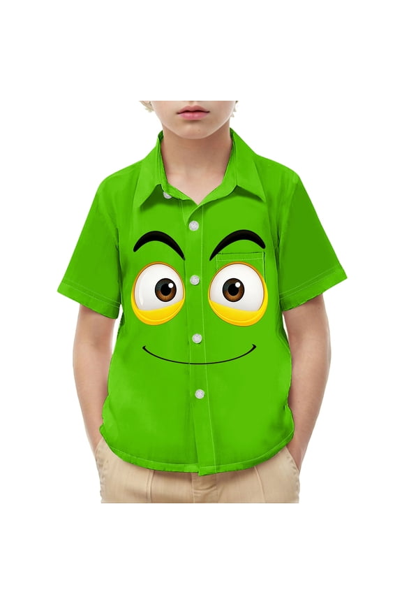 Toddler Boys Funny Graphic Button Up Shirts Cute Happy Smiling Face Print Short Sleeve Casual Playwear School Tops Lightweight Summer Kids Clothing Novelty Activewear