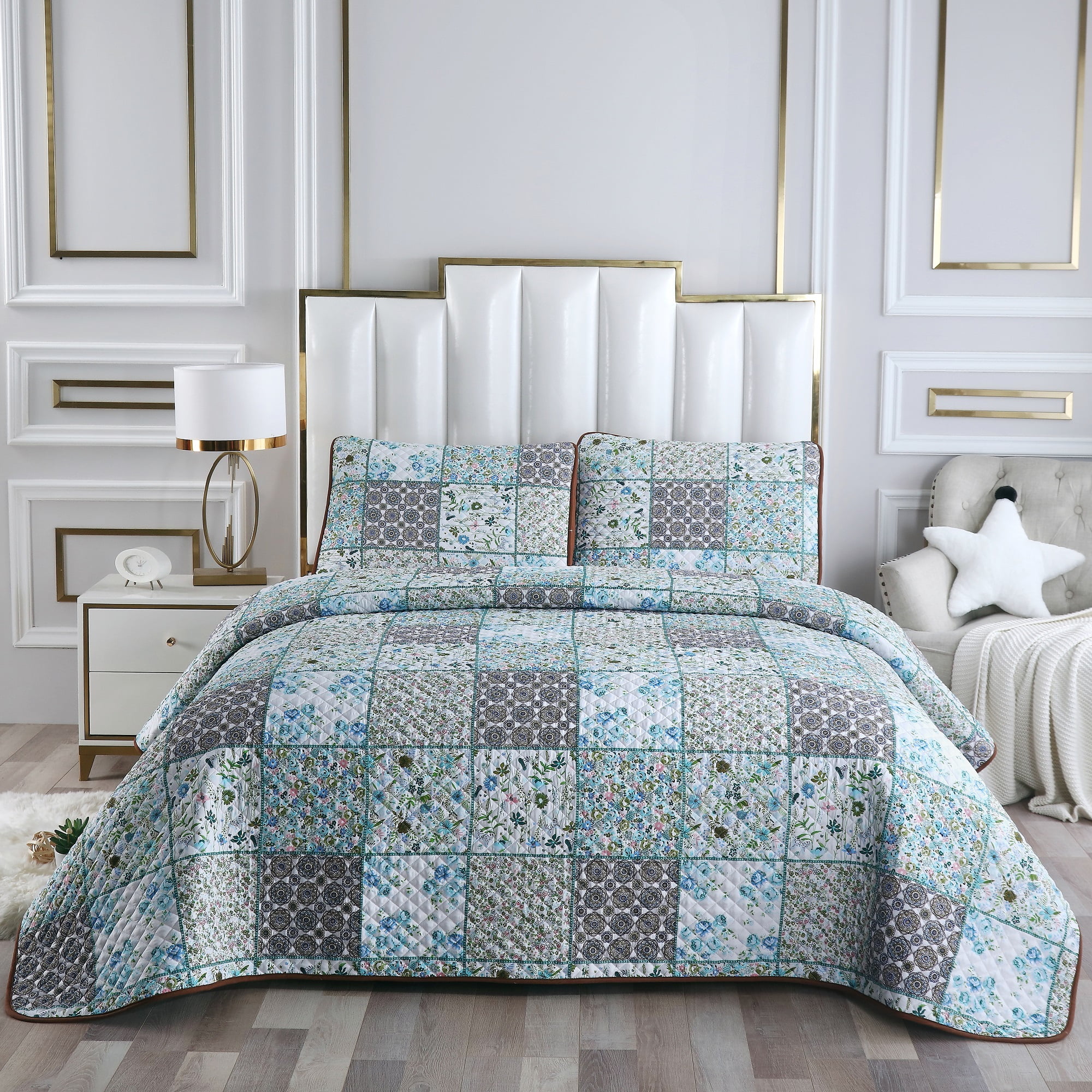 Embroidered Quilt Set King Size 3 Piece Bedspread Coverlet Bedding Green Aqua 