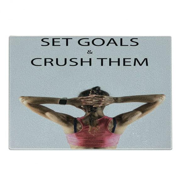 Fitness Cutting Board, Athletic Model Woman Back View Set Goals and Crush Them Fit Female Body Form, Decorative Tempered Glass Cutting and Serving Board, Small Size, Beige Pink Black, by Ambesonne