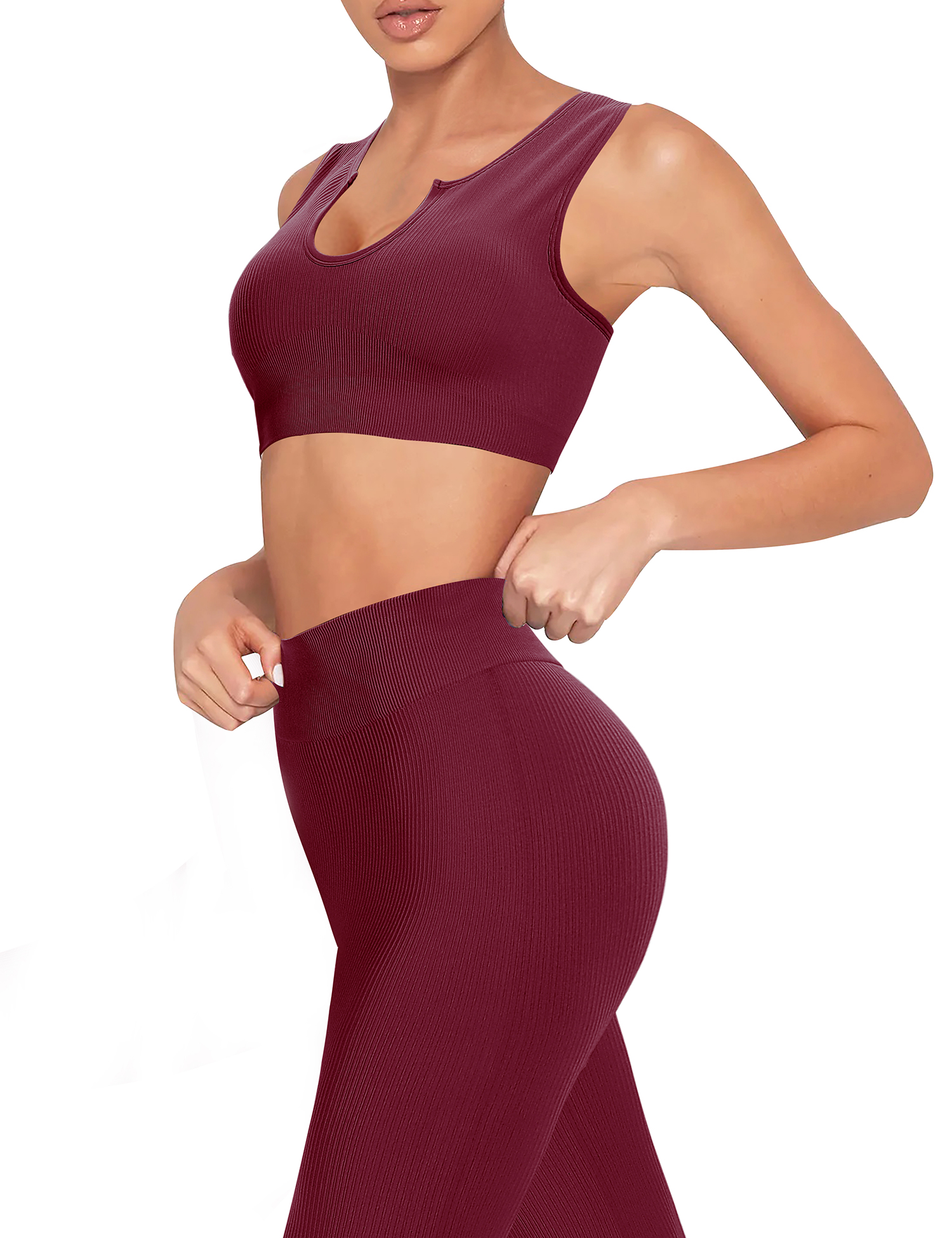 V3 Apparel Womens 2-Piece Tempo Seamless Scrunch Workout Outfit - Burgundy  Red - Gym Workout Leggings & Fitness Sports Bra