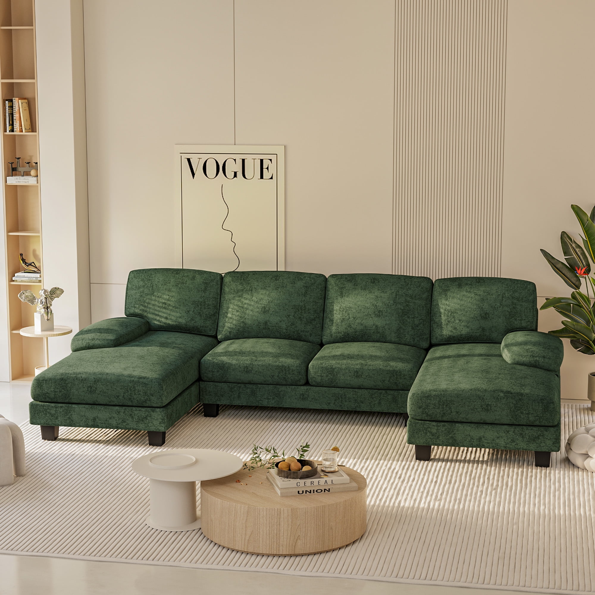Homall U Shaped Sectional Sofa with Chenille Fabric Sofa Couch with Double Chaise for Apartments,Living Room, Chenille Green