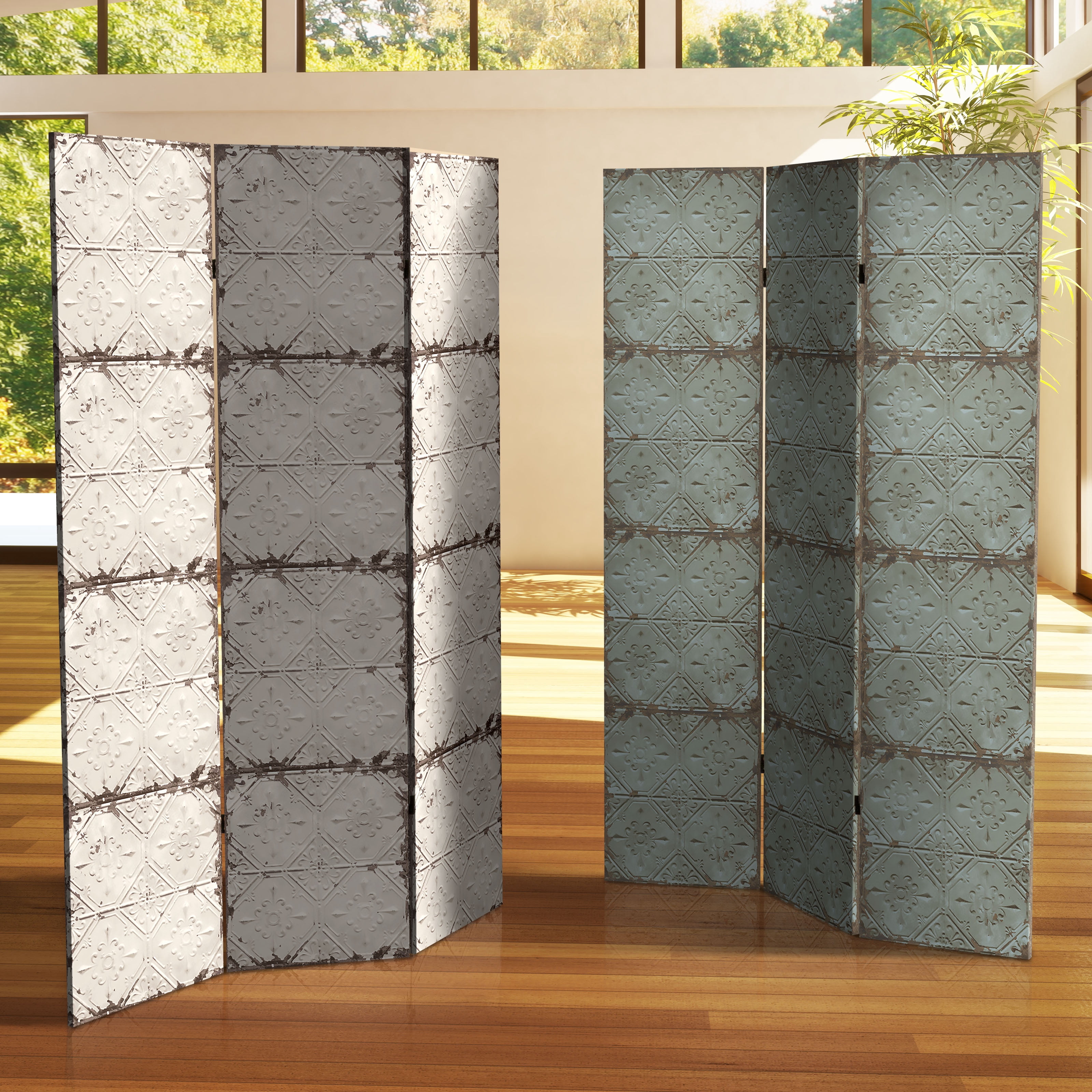 Oriental Furniture 6 ft. Tall Antiqued Paneling Canvas Room Divider - 3 Panel