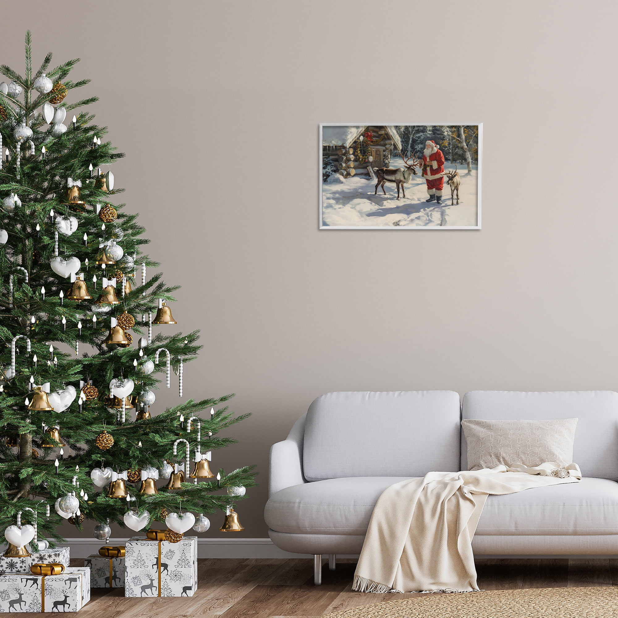Stupell Industries Santa & Reindeer Scene Holiday Painting White Framed Art Prints Wall Art, 24 x 16