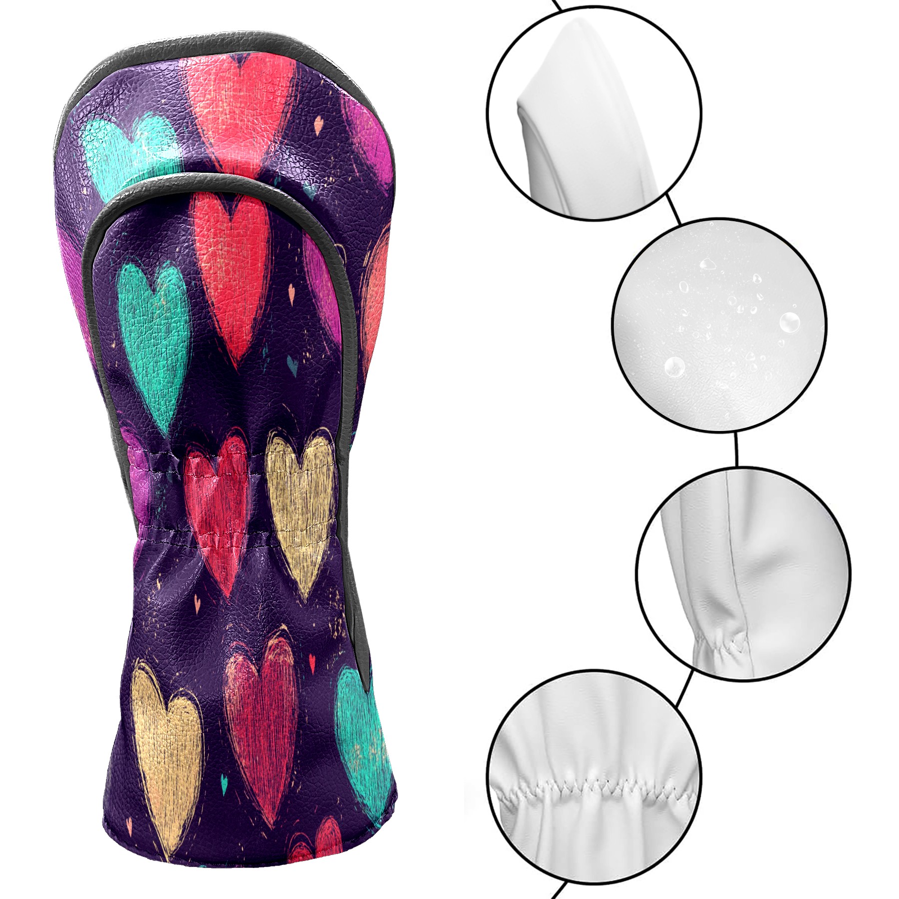 Golf Club Covers PU Leather Waterproof Head Covers for Fairway Woods Hybrids Heart Pattern