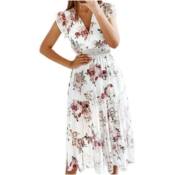 Femmes Summer Dresses Casual Bohème V-Cou Volants Floral Imprimé Longue Robe Maxi Dames à Manches Courtes Plage Dresses