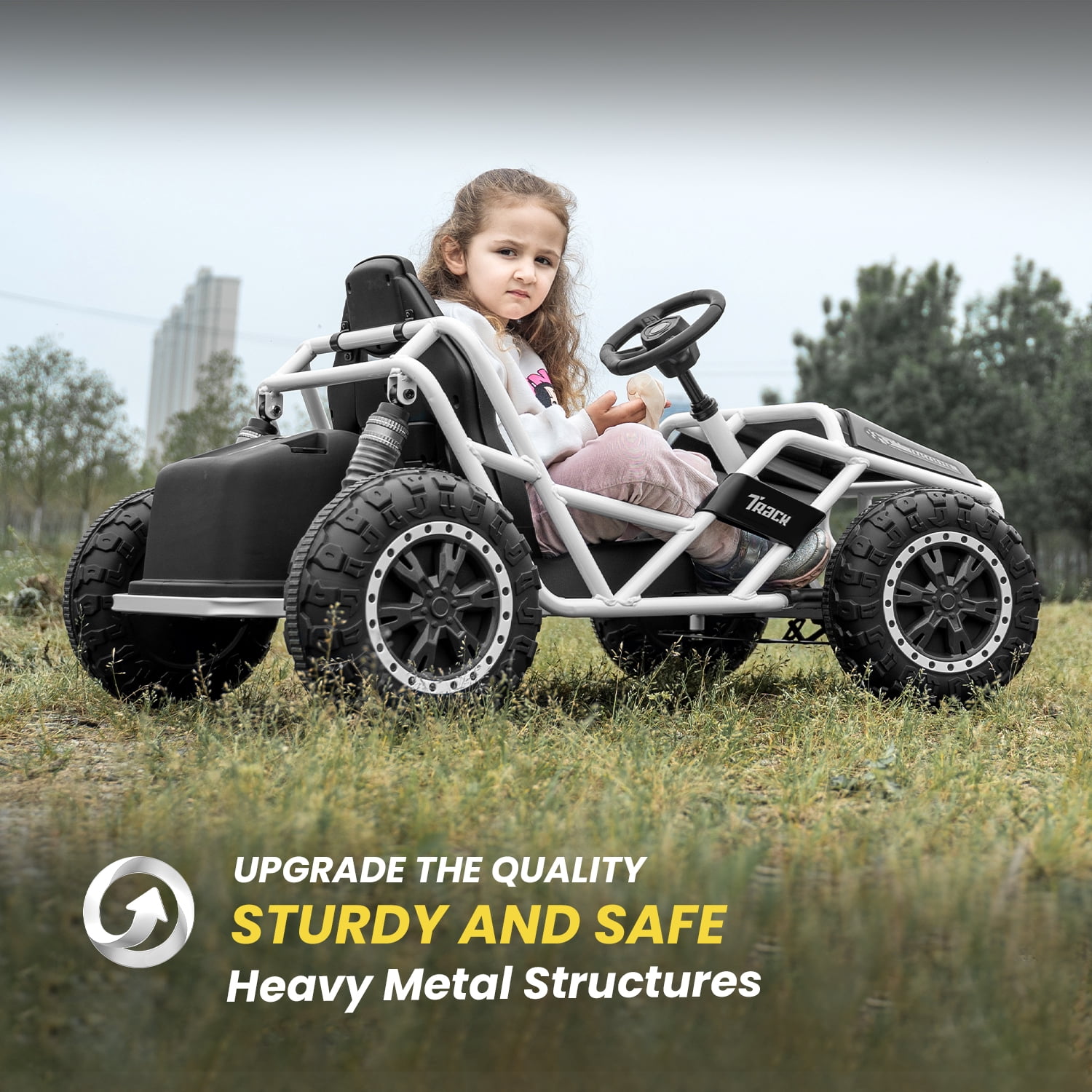 Track 7 24V Electric Go Kart, Racing Go Kart, Independent Electronic Brake Foot Pedal, Durable Full Steel Frame, 4 Mph Max Speed Electric Go Kart, 24V Outdoor Ride On Car for Kids Age 6+, Black