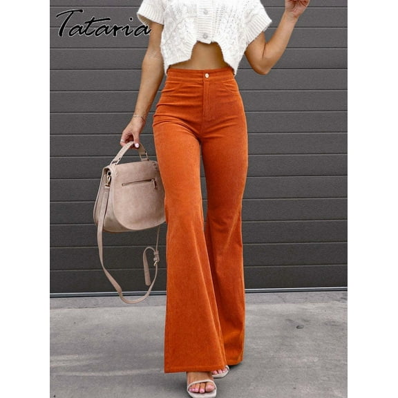 Corduroy Flare Pants for Women Vintage High Waist Slim Bell Bottom Pants Khaki Floor-length Stacked Trousers