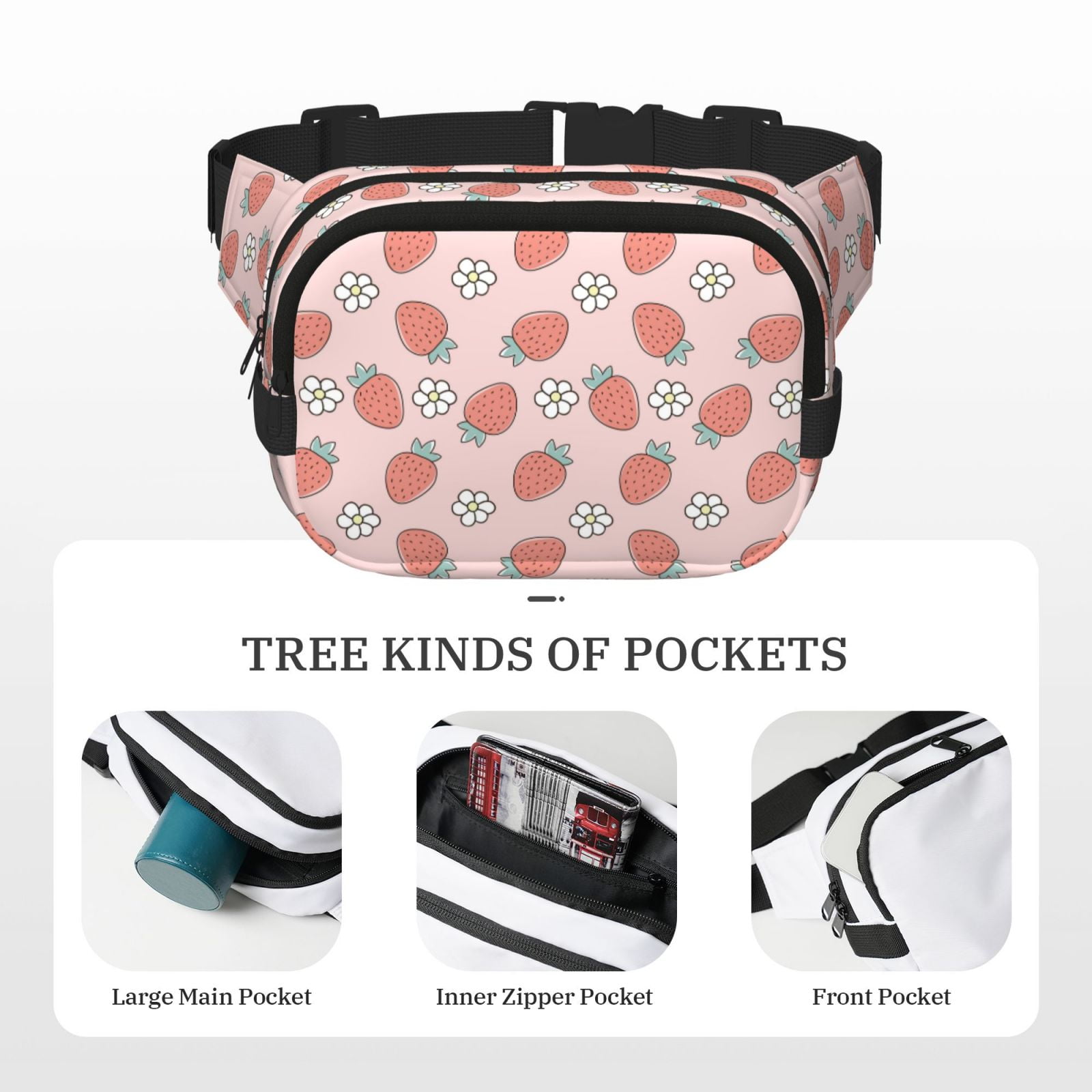 Picia Strawberry And Flowers Print Square Double-Layer Waist Bag Mini Adjustable Waist Belt Bag Exercise Running Travel Hiking