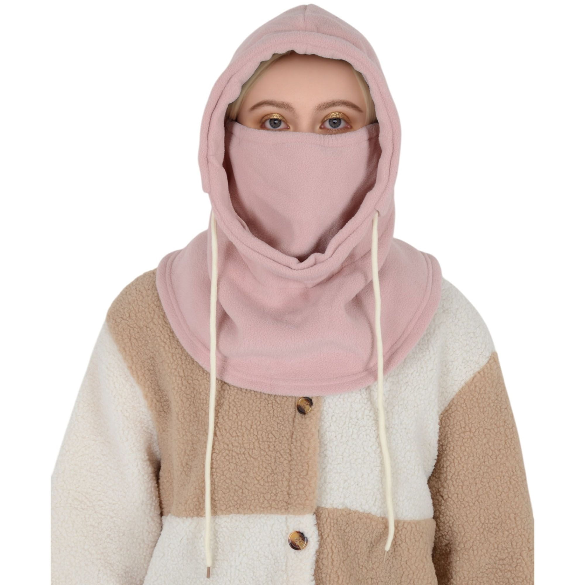 Winter Fleece Face Mask Balaclava Warm Neck Face Cover Hat Cap Hooded Scarf for Men and Women- Pink