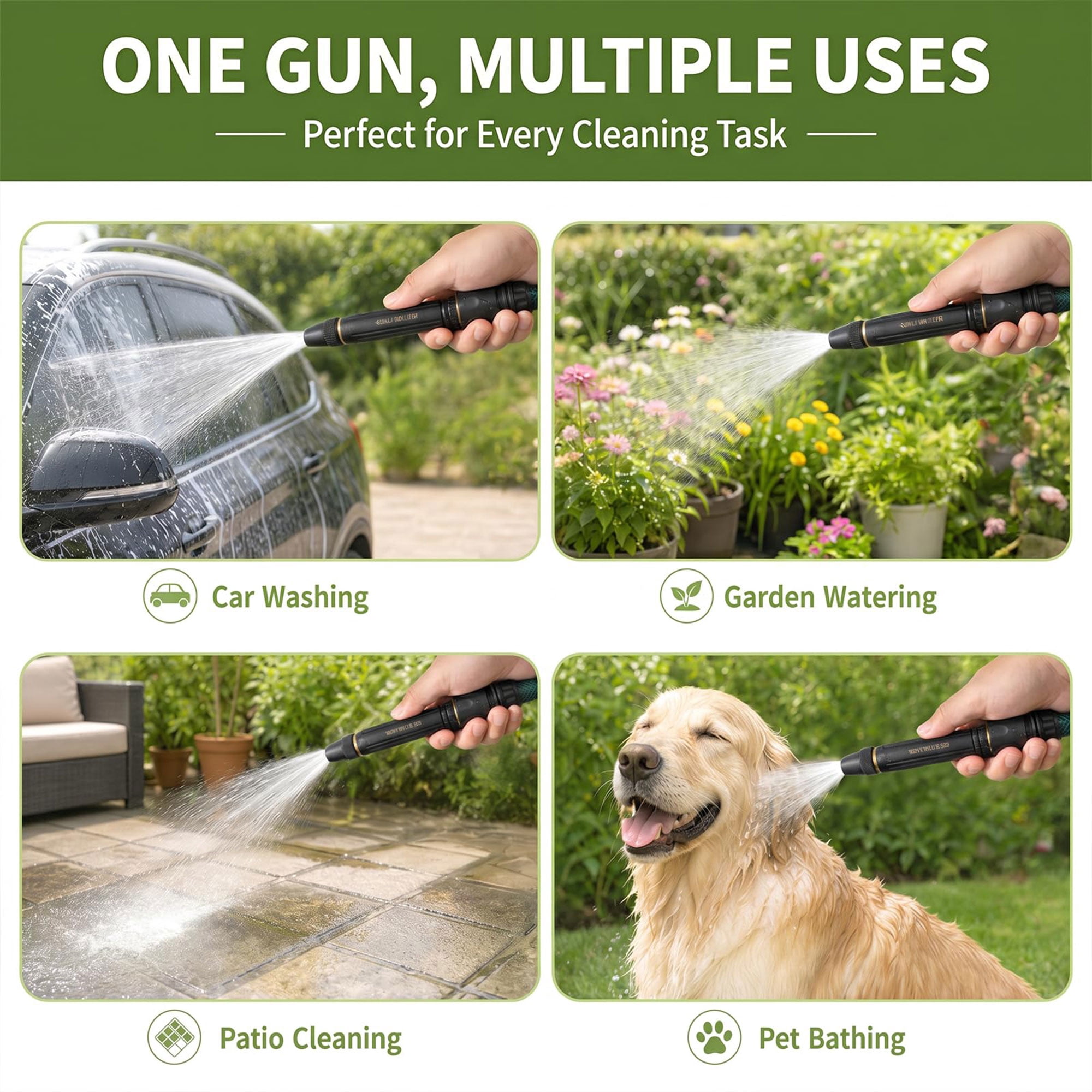 Gropething Power Washer Hose Nozzle for 1/2‘’ ID Hose Only, 3 Spray Modes Jet Spray Wand with Quick Connectors and Water Tape for Car, Patio, Window, Yard and Garden Cleaning