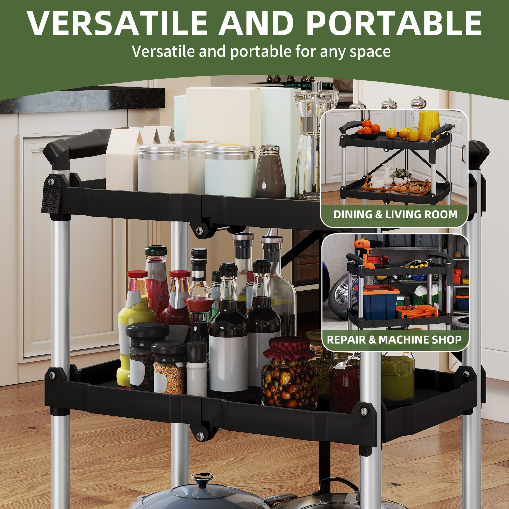 Uforic 3-Tier Collapsible Utility Cart with 360° Swivel Wheels, 115 lb Load Capacity per Shelf, Portable for Home and Office