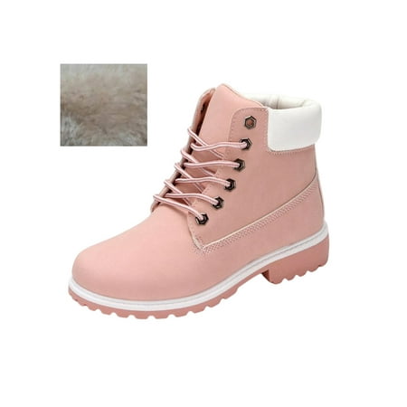 

Sanviglor Womens Mens Winter Boot Plush Lined Ankle Booties Lug Sole Combat Boots Daily Lightweight Comfort Shoes Non-slip Mid Calf Warm Bootie Pink With Lined 7(W)