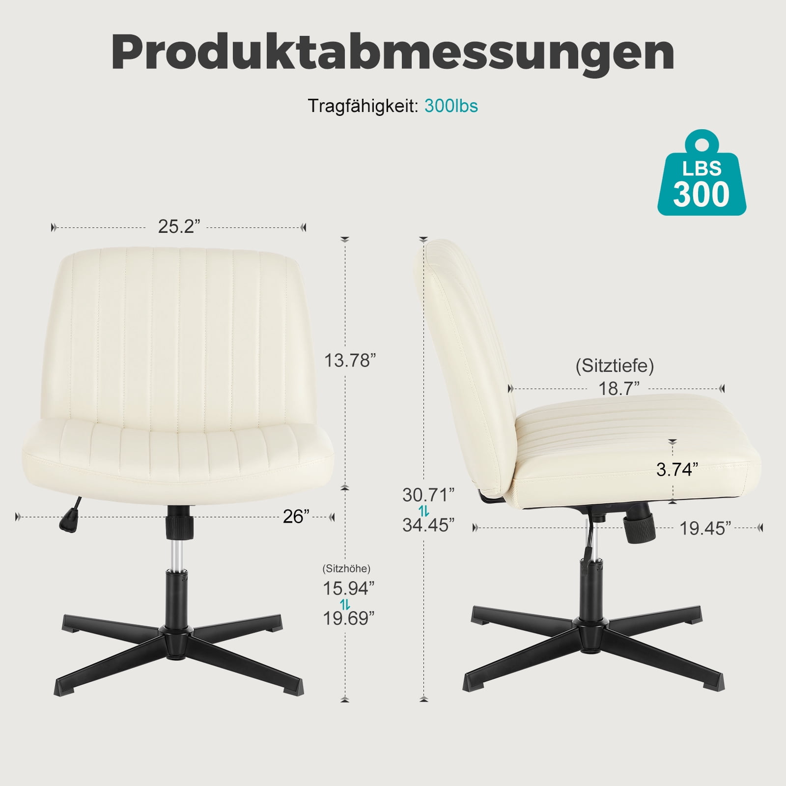 Armless Criss Cross Legged Office Chair, Desk Chair No Wheels, PU Leather, Beige