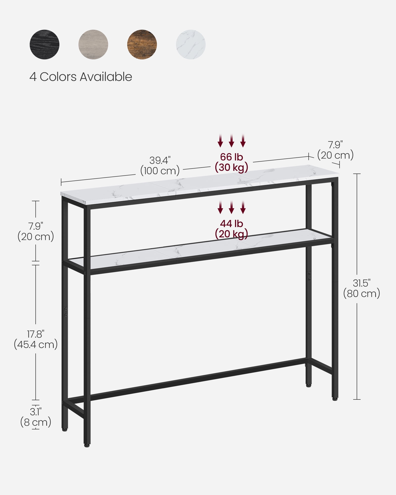 2-Tier Narrow Console Table with Marble White Top, 39.4 Inch Sofa Table for Entryway Living Room, Black Frame