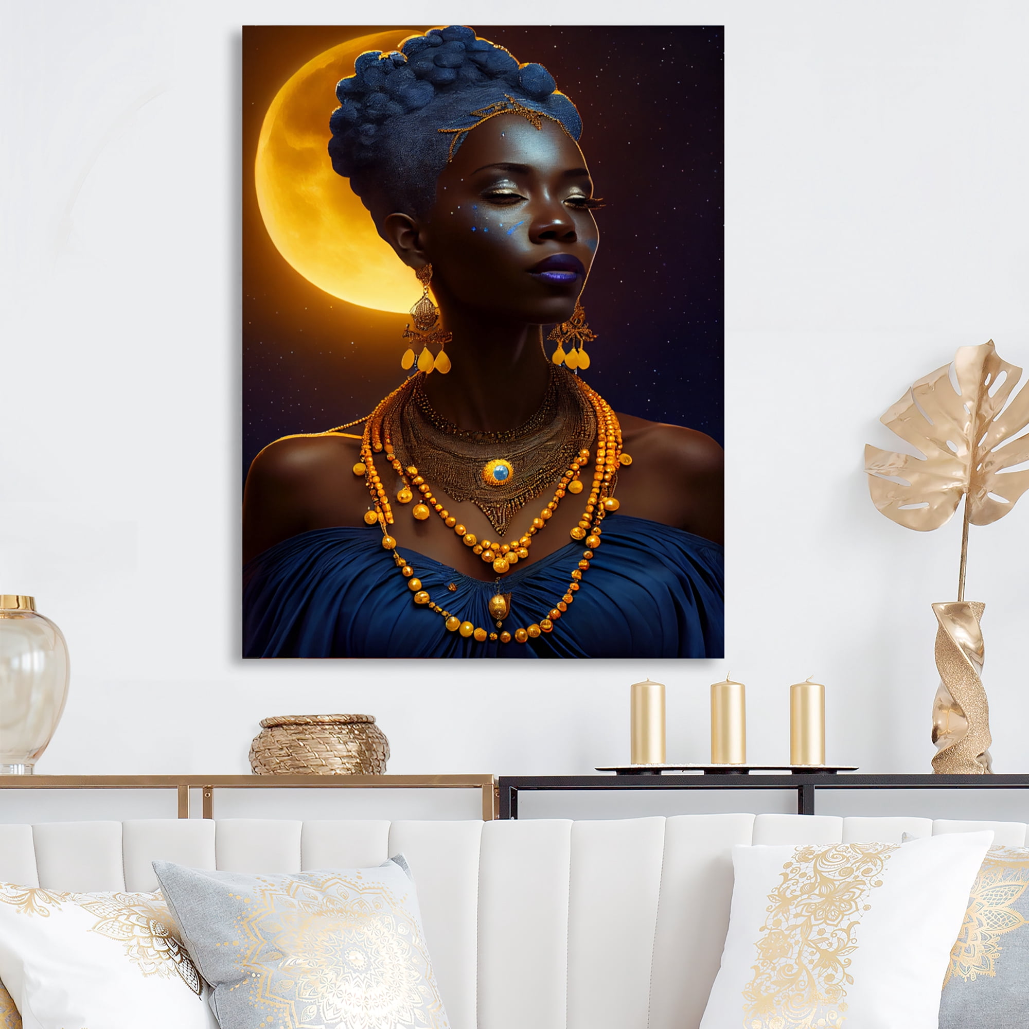 Designart Blue Queen African Woman Under Moon II Canvas Wall Art