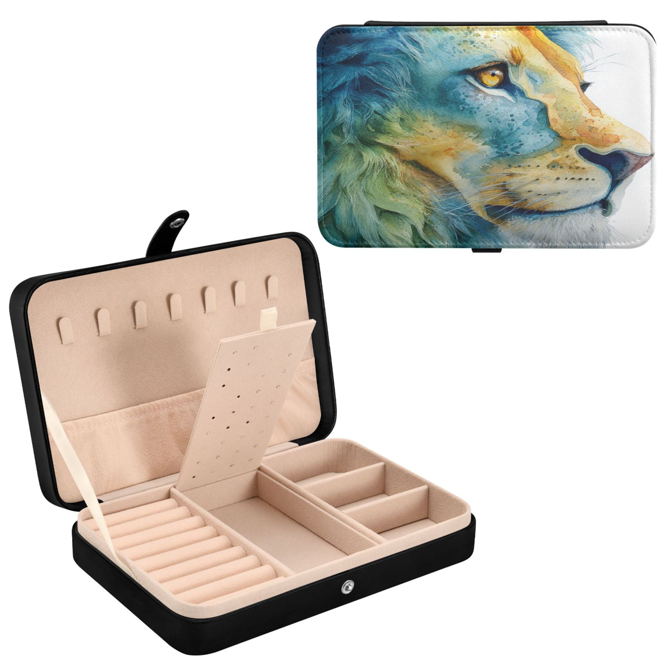 Leather Jewelry Box Rectangular 8.27x5.5x1.78In Travel Jewelry Storage Earrings Necklace Bracelet Watch Brooch Storage Watercolor Blue Lion