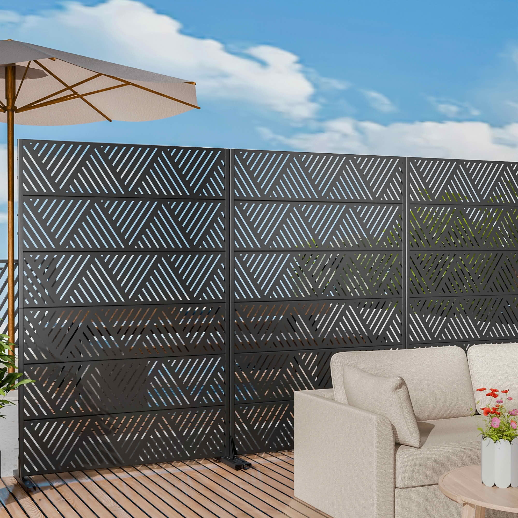MAYEERTY 72x47x16 Inch Black Triangle Light Galvanized Steel Privacy Screen, 6 Piece Set for Outdoor Street