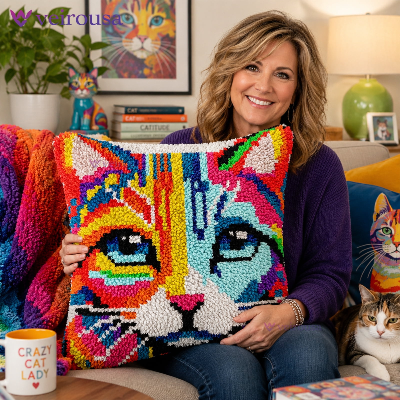 Latch Hook Kit for Adults, DIY Colorful Cat Pillow & Rug Craft Kit for Beginners, Animal Handmade Yarn Art, Relaxing Home Sofa Decor Gift