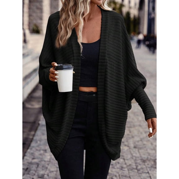 Women's Knit Cardigan Open Front Batwing Sleeve Cape Style Loose Fit Longline Top