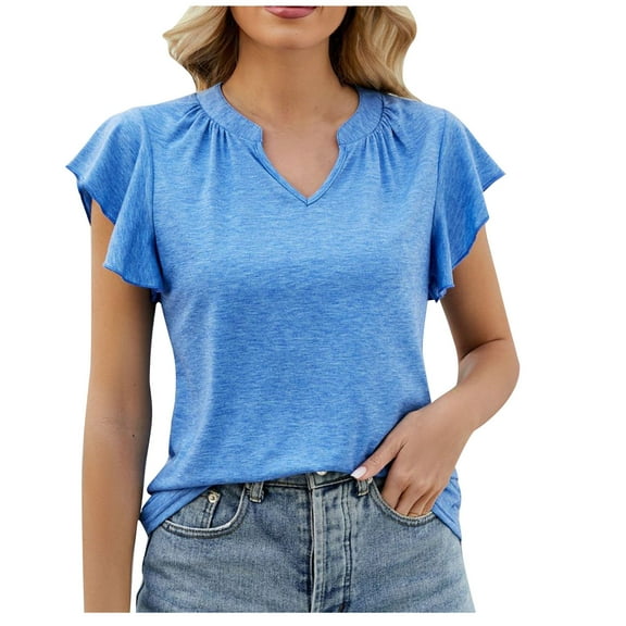 Ltctricy T Shirts for Women 2025 Trendy Summer V Neck Ruffle Short Sleeve Loose Casual Tunic Tops Soft Tees Blouses