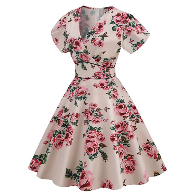 Pompotops Robe Mini à Manches Mi-Longues à Volants Imprimé Col Rabattu Bohème Mode pour Femmes
