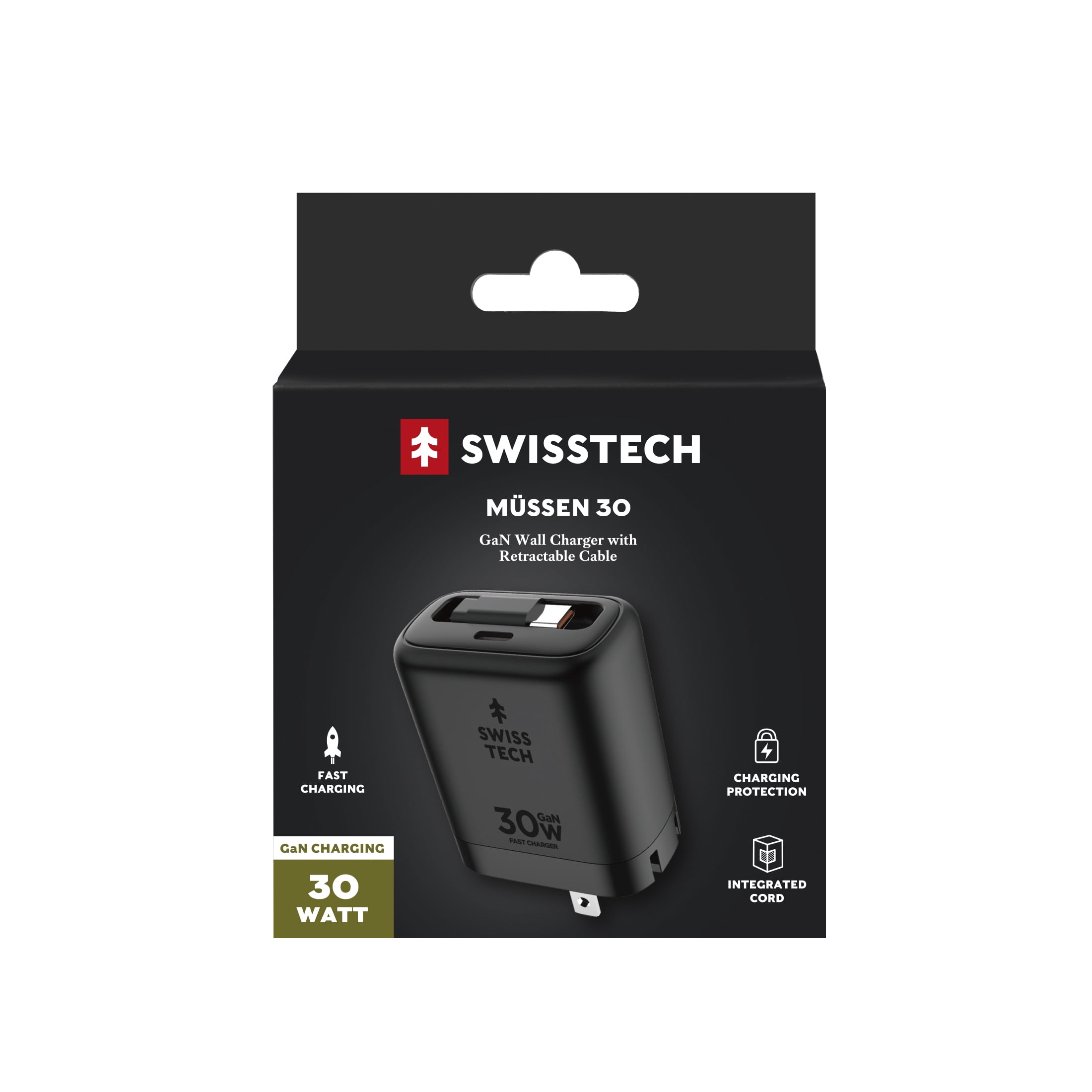Swiss Tech Mussen 30W USB-C Wall Charger with Retractable Cable, Fast PD Charging