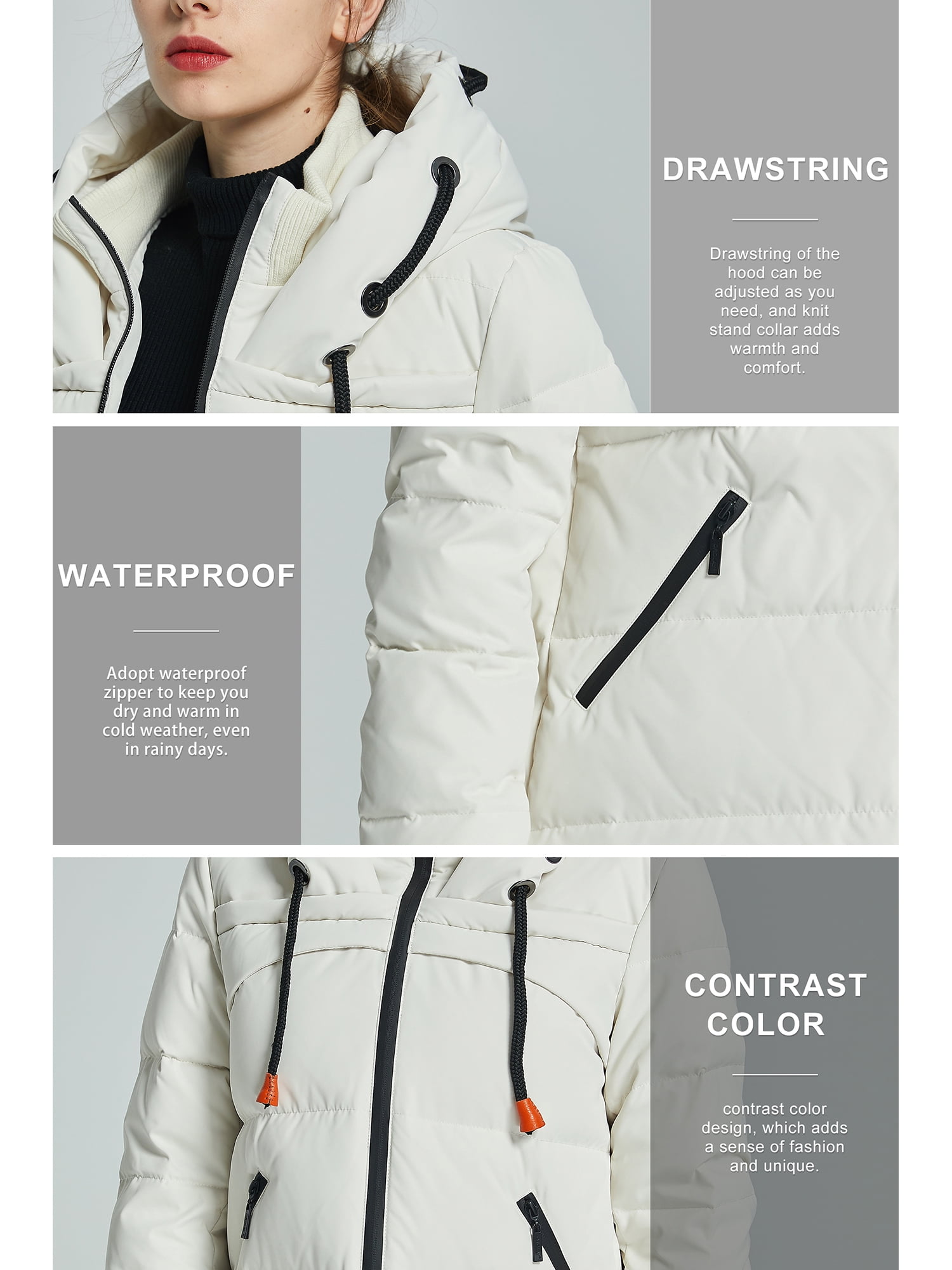 Orolay women's thickened contrast color drawstring down jacket hooded coat hotsell