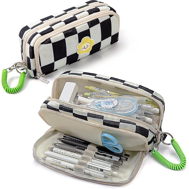Veeki Estuche para lápices, bolsa de lona de gran capacidad, bolsa de almacenamiento con correa de resorte extraíble, cuadros de cuadros para la escuela, oficina, universidad (negro blanco Pl