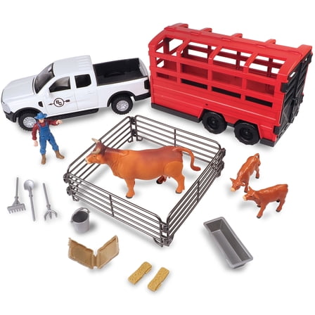 Big Country Toys: Truck & Cattle Trailer Adventure - 18pc Farm Toy Playset, Light-Sound White Pickup, Articulated Animals & Rancher Figure, Kids 3 