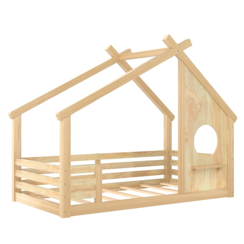Bellemave Twin House Floor Bed with Window and Shelf, Solid Wood Montessori Bed with Roof, Low to Ground House Bed with High Fence for Bedroom, Natural
